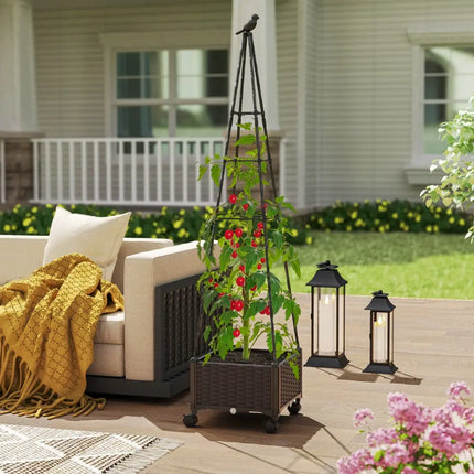 Raised Garden Bed Adjustable with Plant Box and Trellis with Lockable Wheels - Brown - Raised Garden Beds