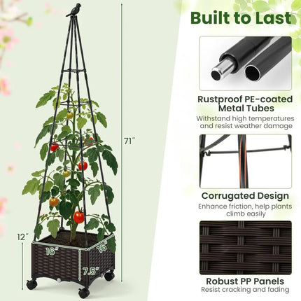 Raised Garden Bed Adjustable with Plant Box and Trellis with Lockable Wheels - Brown - Raised Garden Beds