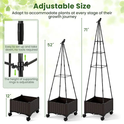 Raised Garden Bed Adjustable with Plant Box and Trellis with Lockable Wheels - Brown - Raised Garden Beds