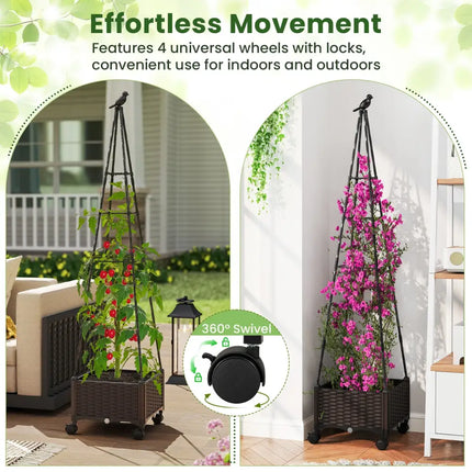 Raised Garden Bed Adjustable with Plant Box and Trellis with Lockable Wheels - Brown - Raised Garden Beds