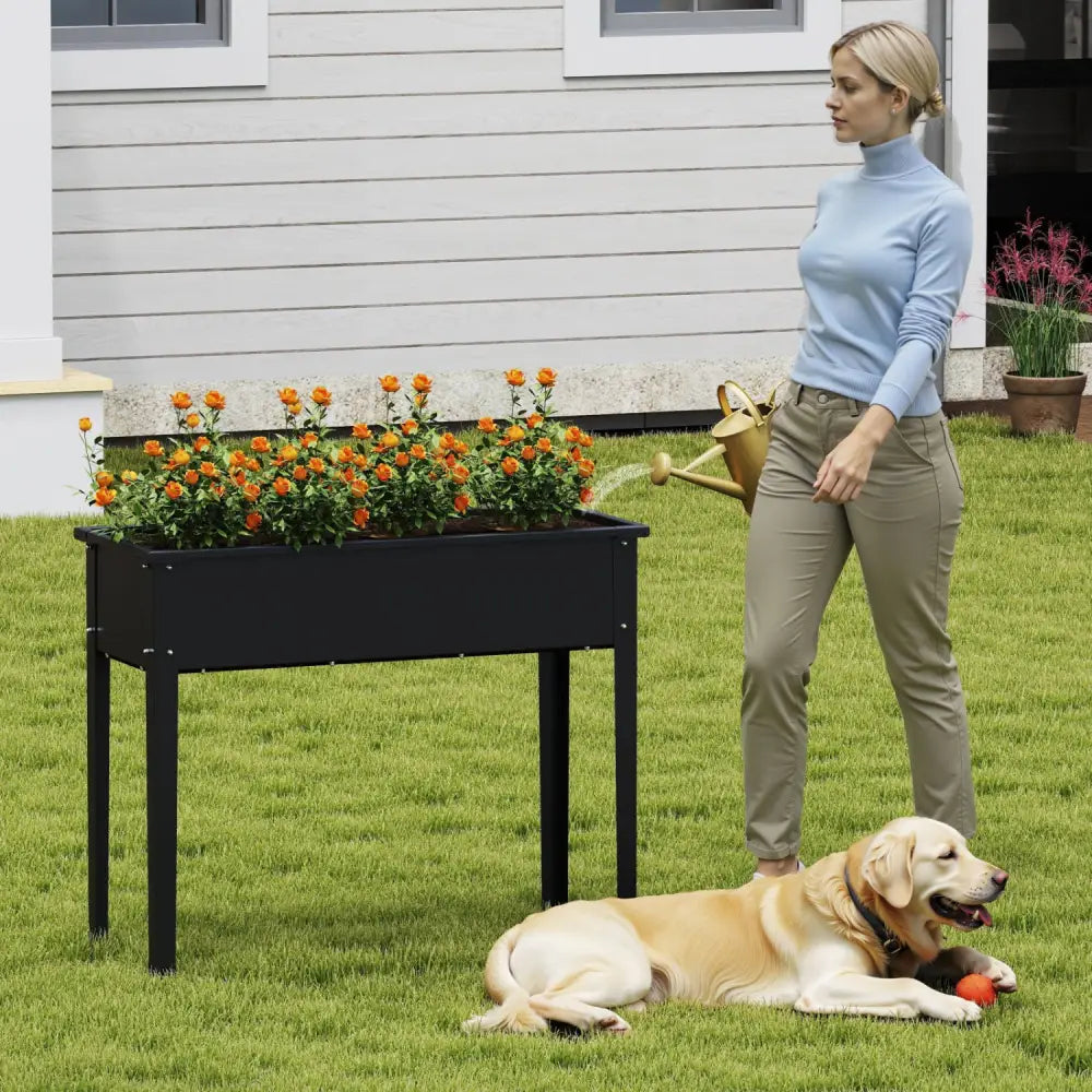Raised Garden Bed Elevated Metal Planter Box with Legs Drainage Holes-M - Black - Raised Garden Beds