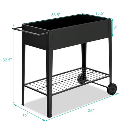Raised Garden Bed Elevated Planter Box on Wheels Steel Planter with Shelf-Black - Black - Raised Garden Beds