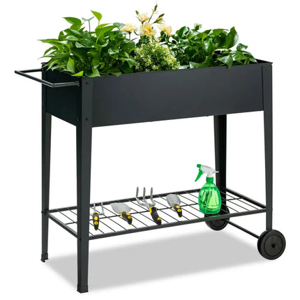 Raised Garden Bed Elevated Planter Box on Wheels Steel Planter with Shelf-Black - Black - Raised Garden Beds