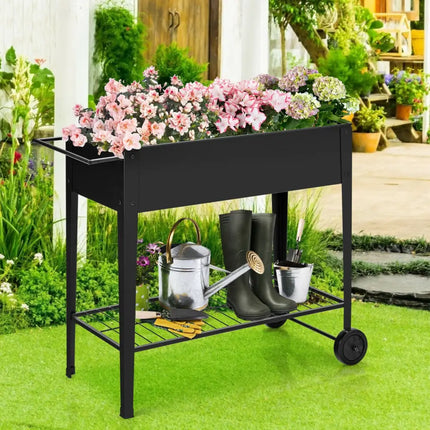 Raised Garden Bed Elevated Planter Box on Wheels Steel Planter with Shelf-Black - Black - Raised Garden Beds