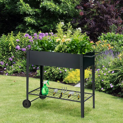 Raised Garden Bed Elevated Planter Box on Wheels Steel Planter with Shelf-Black - Black - Raised Garden Beds