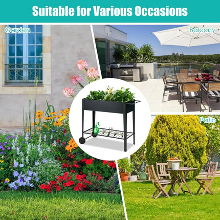 Raised Garden Bed Elevated Planter Box on Wheels Steel Planter with Shelf-Black - Black - Raised Garden Beds