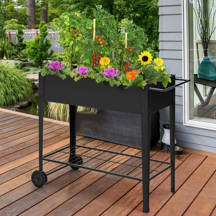 Raised Garden Bed Elevated Planter Box on Wheels Steel Planter with Shelf-Black - Black - Raised Garden Beds