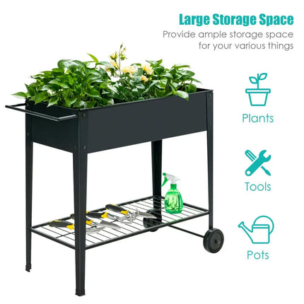 Raised Garden Bed Elevated Planter Box on Wheels Steel Planter with Shelf-Black - Black - Raised Garden Beds