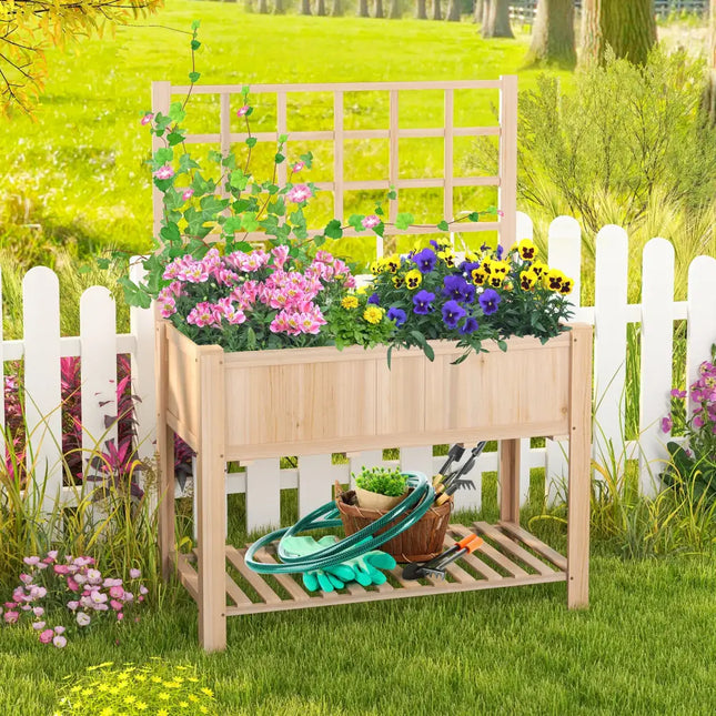 Raised Garden Bed Elevated Wooden Planter Box with Trellis - Natural - Raised Garden Beds