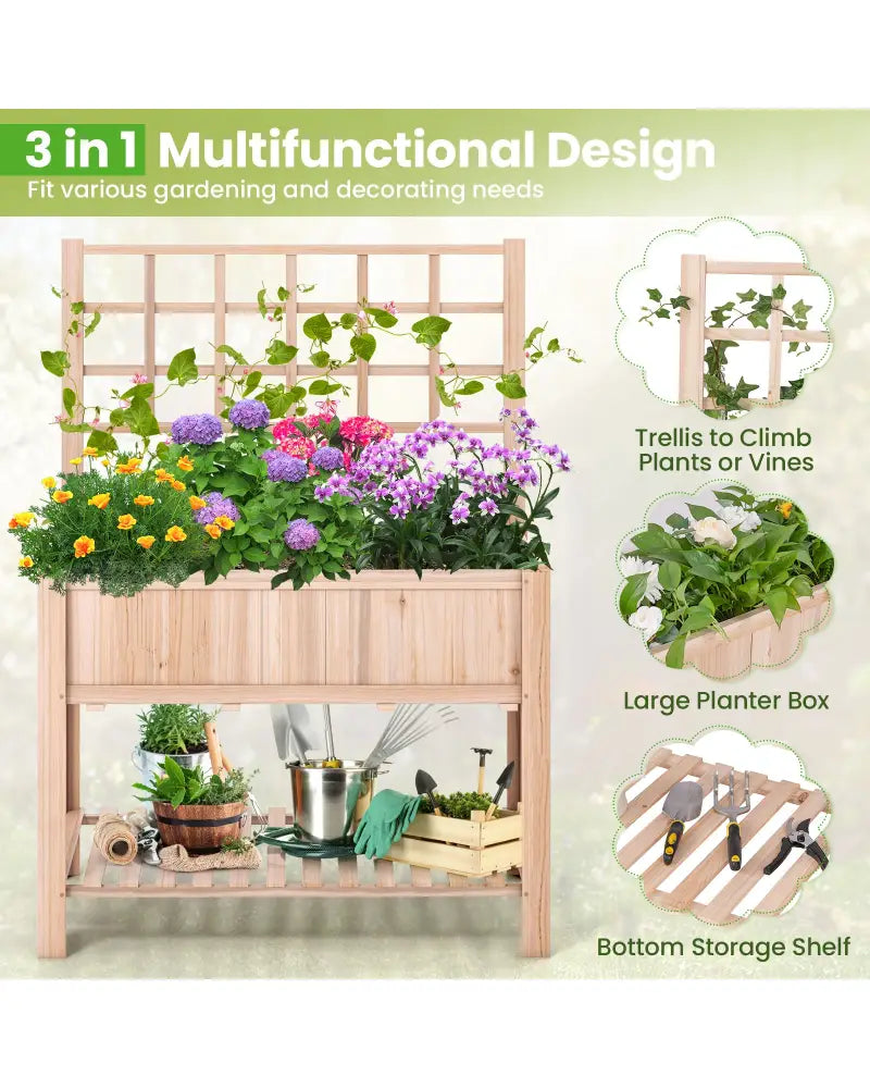 Raised Garden Bed Elevated Wooden Planter Box with Trellis - Natural - Raised Garden Beds