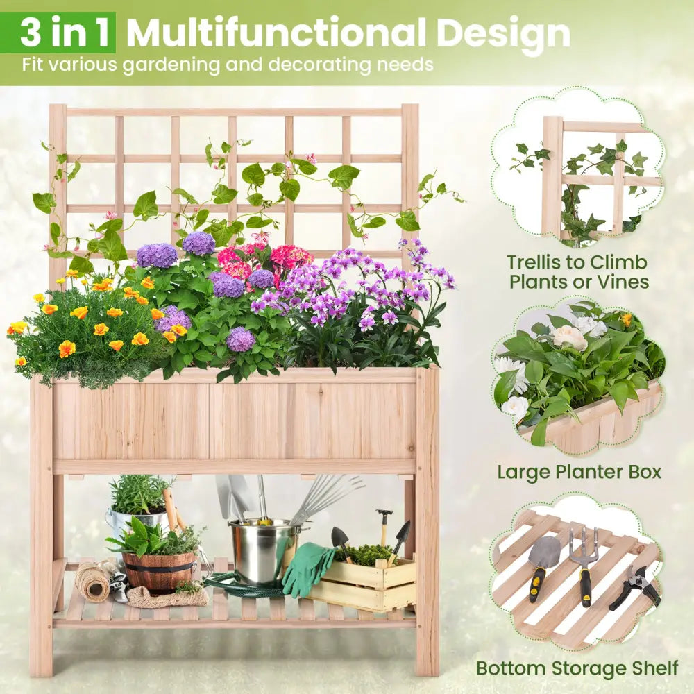 Raised Garden Bed Elevated Wooden Planter Box with Trellis - Natural - Raised Garden Beds