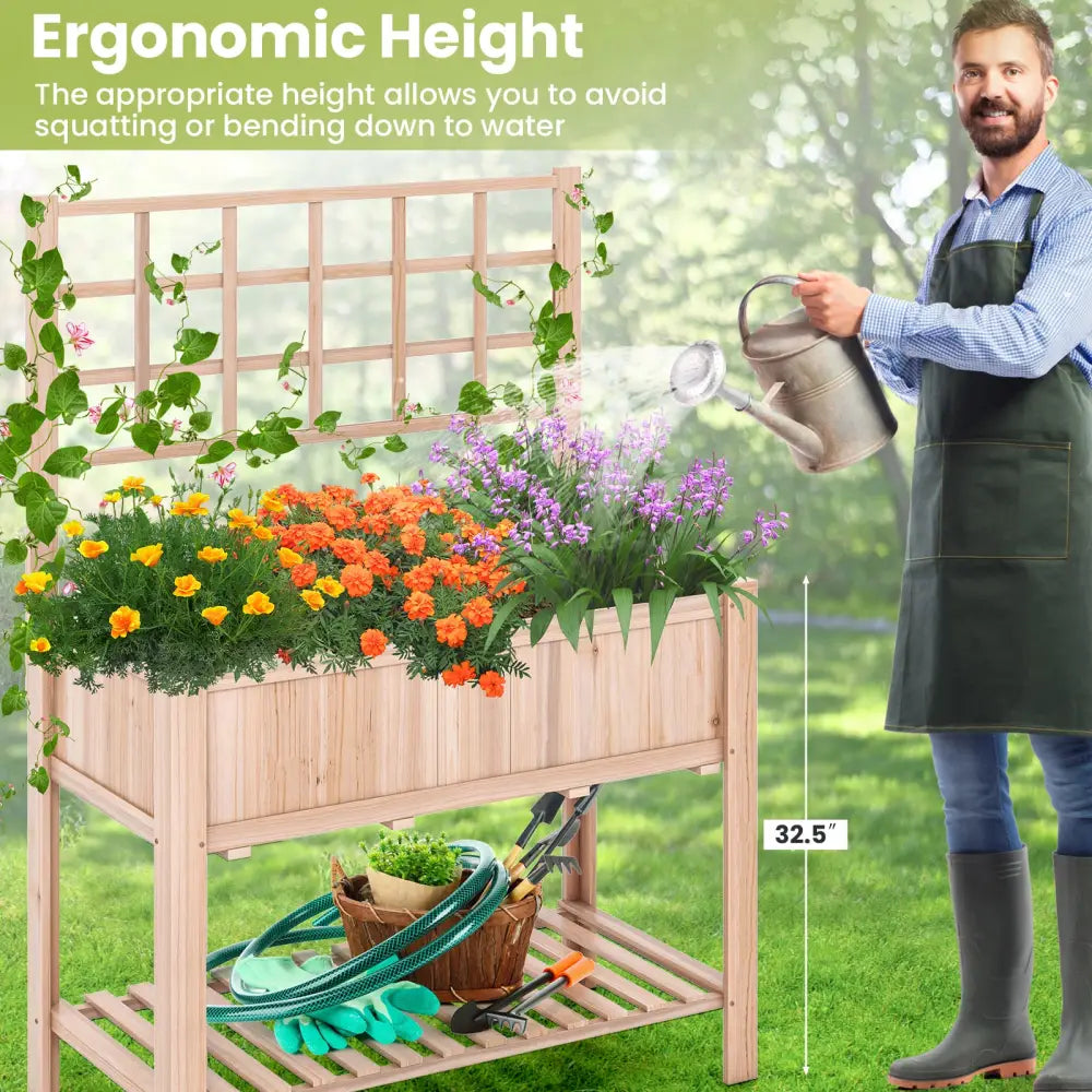 Raised Garden Bed Elevated Wooden Planter Box with Trellis - Natural - Raised Garden Beds