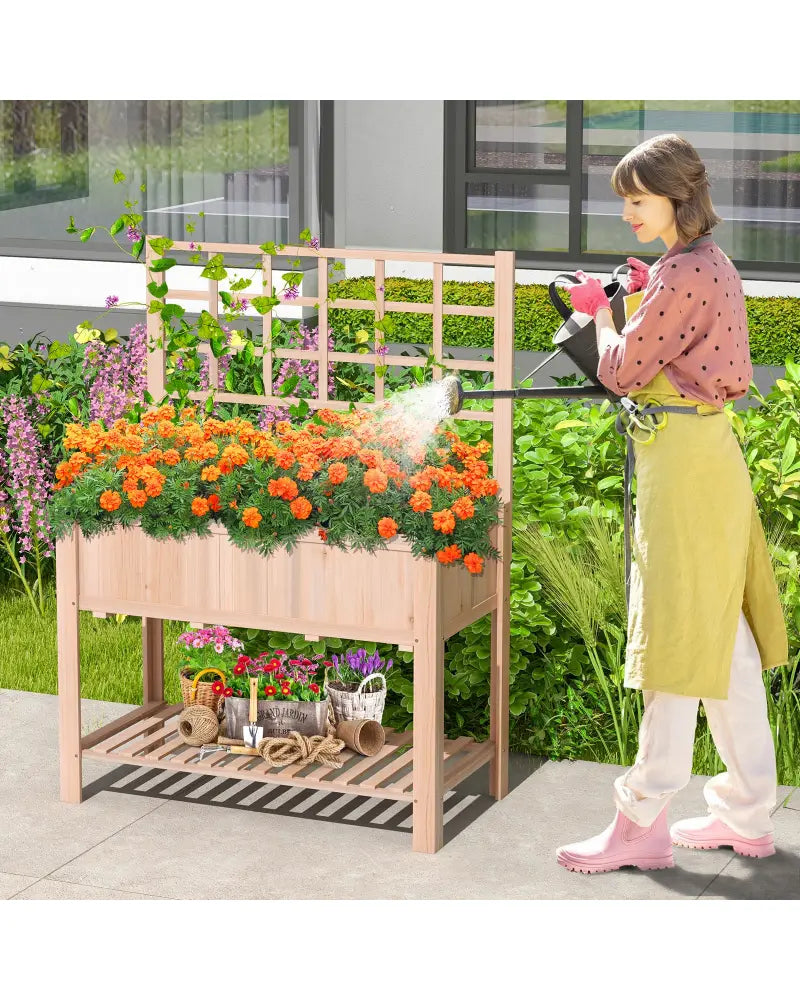 Raised Garden Bed Elevated Wooden Planter Box with Trellis - Natural - Raised Garden Beds