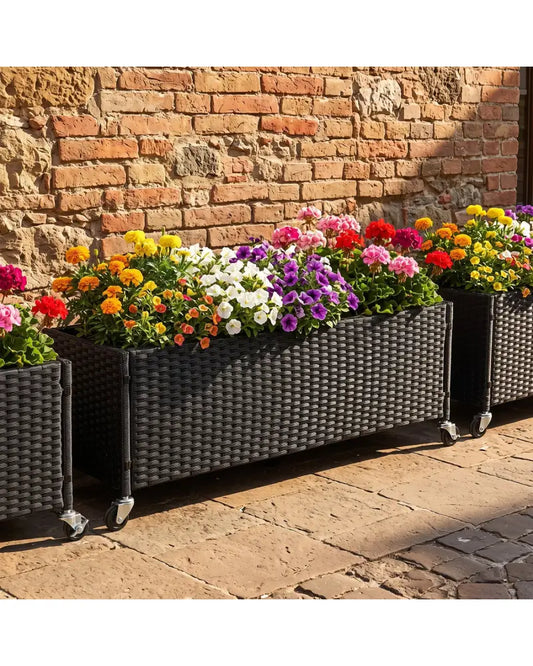 Raised Garden Bed PE Rattan Wicker Patio Planter Box with Liner and Wheels - Raised Garden Beds