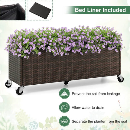 Raised Garden Bed PE Rattan Wicker Patio Planter Box with Wheels and Liner - Raised Garden Beds