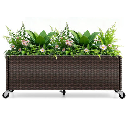 Raised Garden Bed PE Rattan Wicker Patio Planter Box with Wheels and Liner - Raised Garden Beds