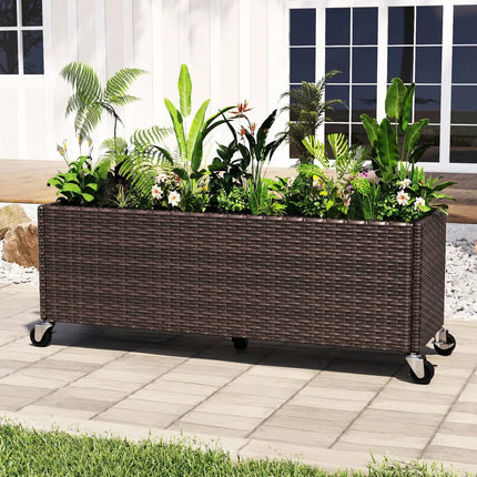 Raised Garden Bed PE Rattan Wicker Patio Planter Box with Wheels and Liner - Raised Garden Beds