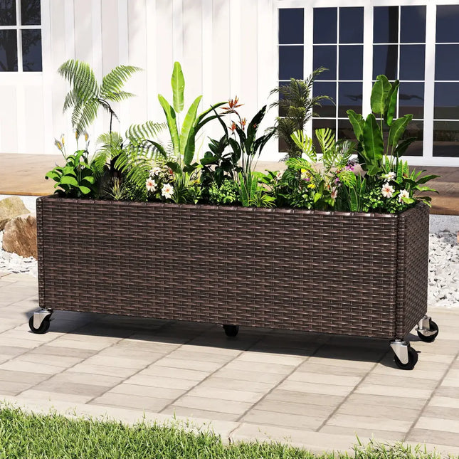 Raised Garden Bed PE Rattan Wicker Patio Planter Box with Wheels and Liner - Raised Garden Beds