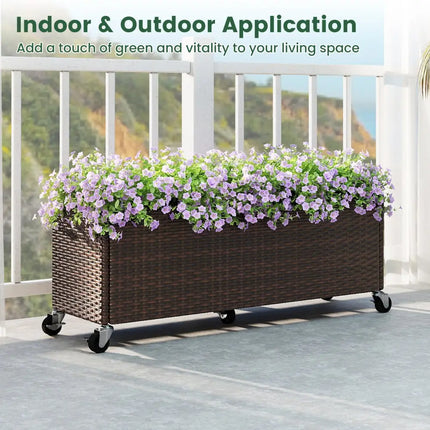Raised Garden Bed PE Rattan Wicker Patio Planter Box with Wheels and Liner - Raised Garden Beds