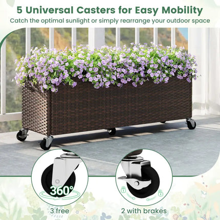 Raised Garden Bed PE Rattan Wicker Patio Planter Box with Wheels and Liner - Raised Garden Beds
