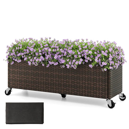 Raised Garden Bed PE Rattan Wicker Patio Planter Box with Wheels and Liner - Raised Garden Beds