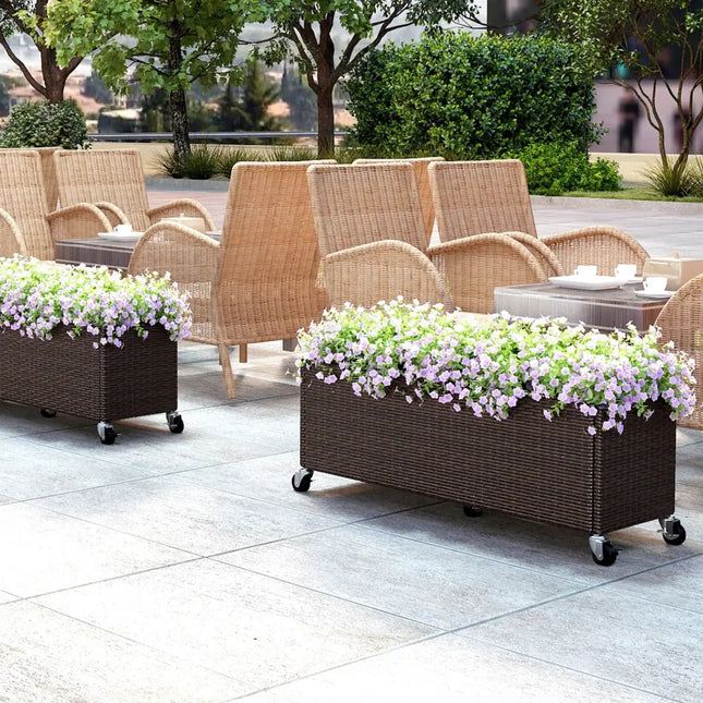 Raised Garden Bed PE Rattan Wicker Patio Planter Box with Wheels and Liner - Raised Garden Beds