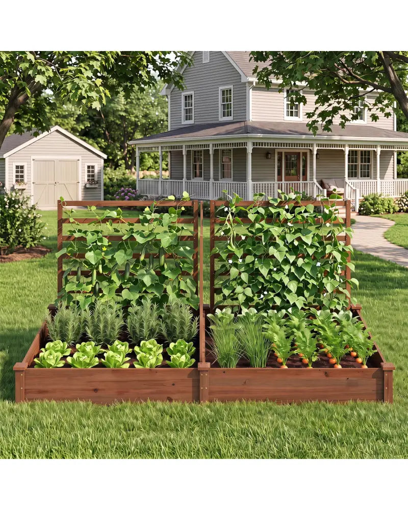Raised Garden Bed with 2 Planter Boxes and 3 Trellis-Brown - Brown - Raised Garden Beds