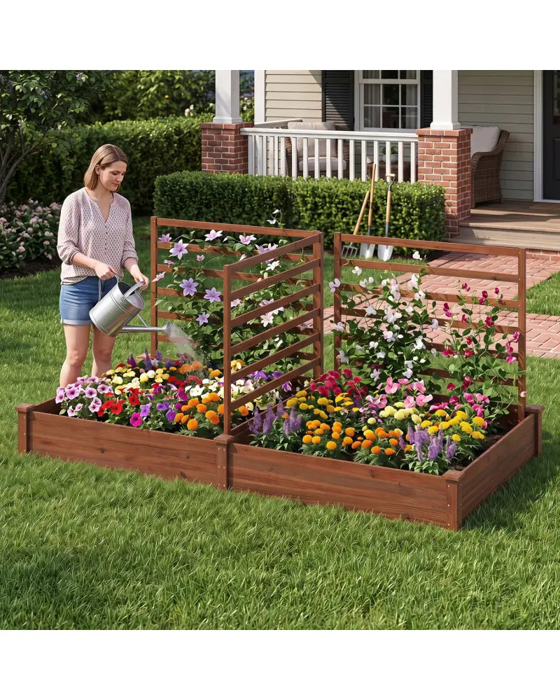 Raised Garden Bed with 2 Planter Boxes and 3 Trellis-Brown - Brown - Raised Garden Beds