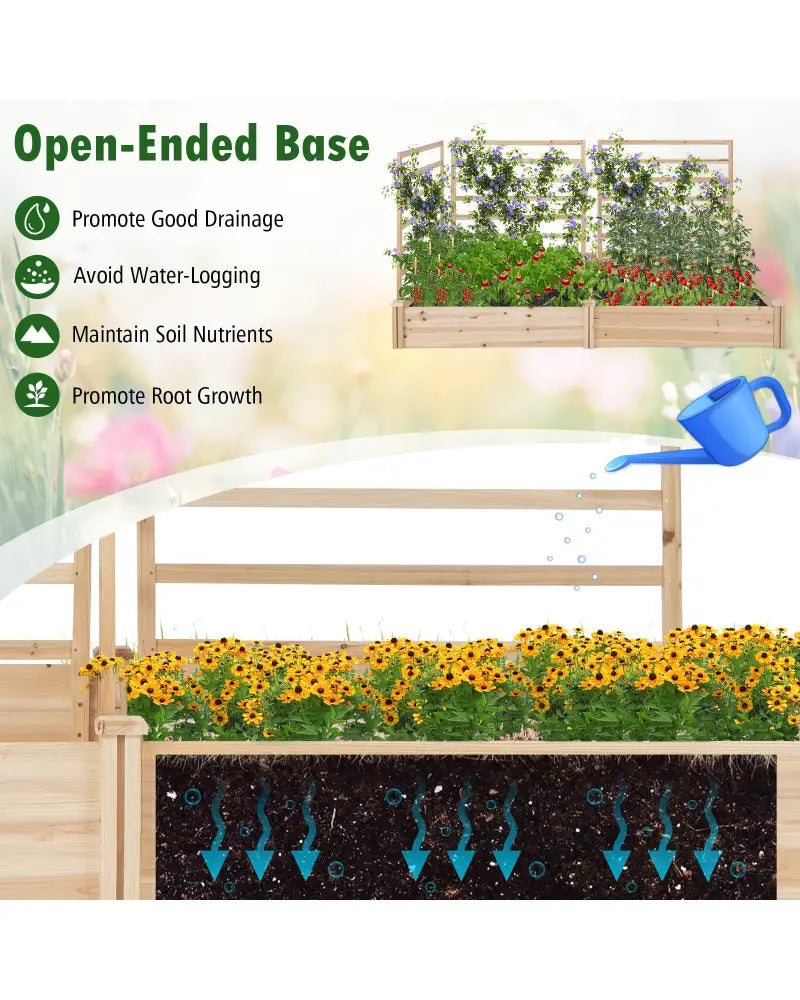 Raised Garden Bed with 2 Planter Boxes and 3 Trellis-Natural - Natural - Raised Garden Beds