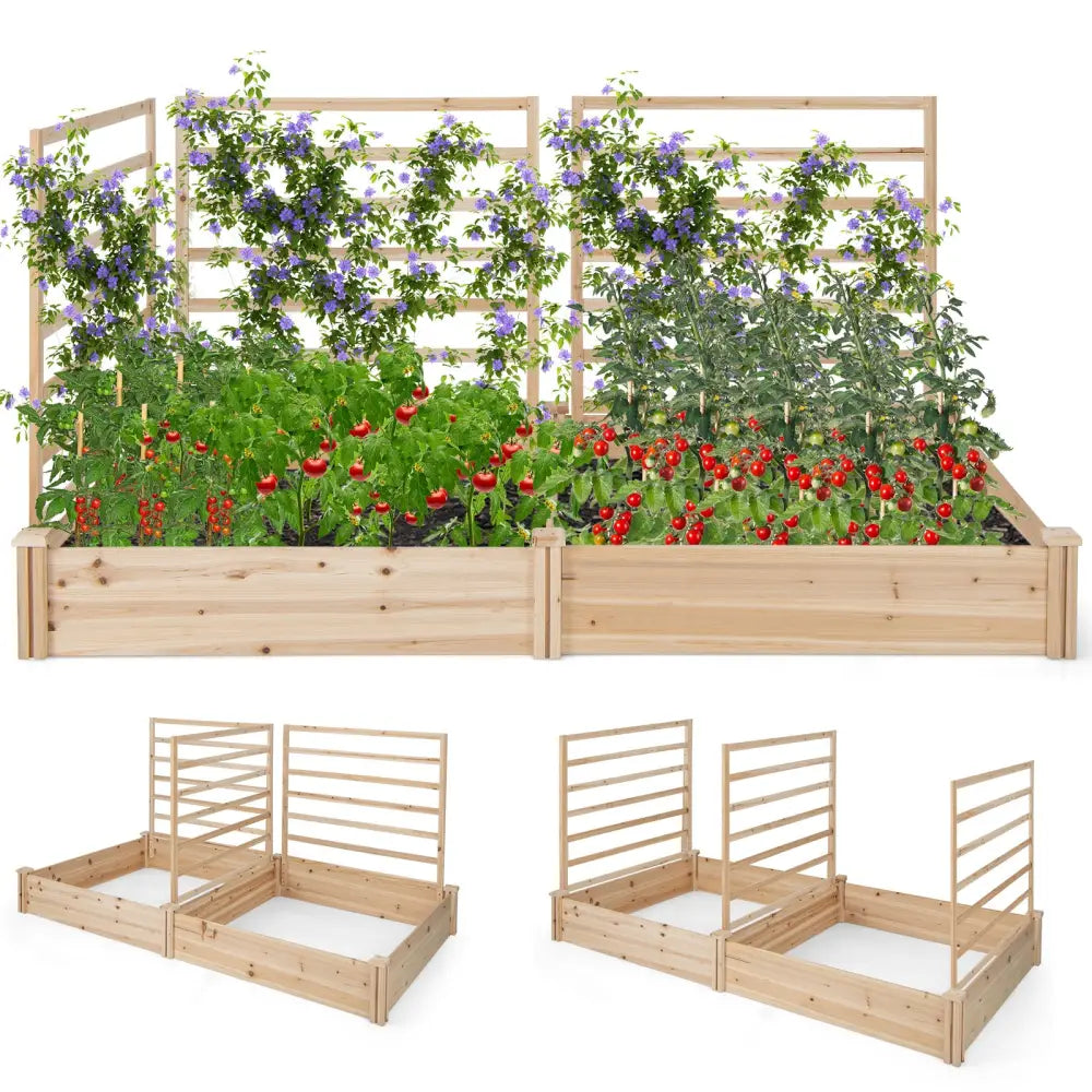 Raised Garden Bed with 2 Planter Boxes and 3 Trellis-Natural - Natural - Raised Garden Beds