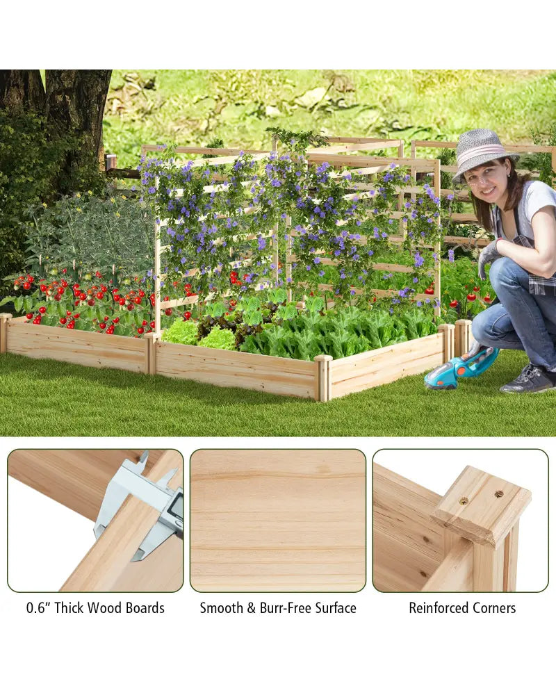 Raised Garden Bed with 2 Planter Boxes and 3 Trellis-Natural - Natural - Raised Garden Beds