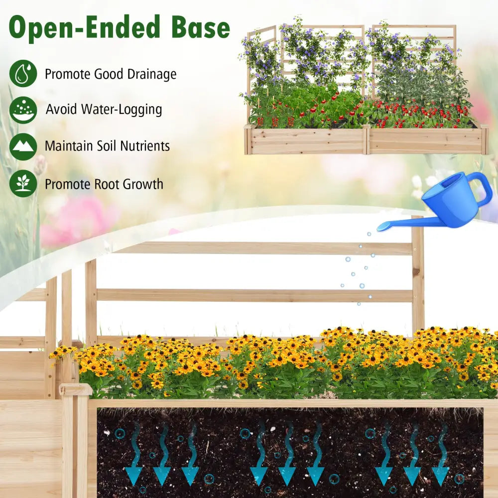 Raised Garden Bed with 2 Planter Boxes and 3 Trellis-Natural - Natural - Raised Garden Beds
