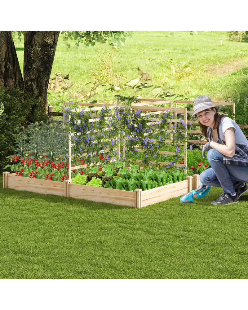 Raised Garden Bed with 2 Planter Boxes and 3 Trellis-Natural - Natural - Raised Garden Beds