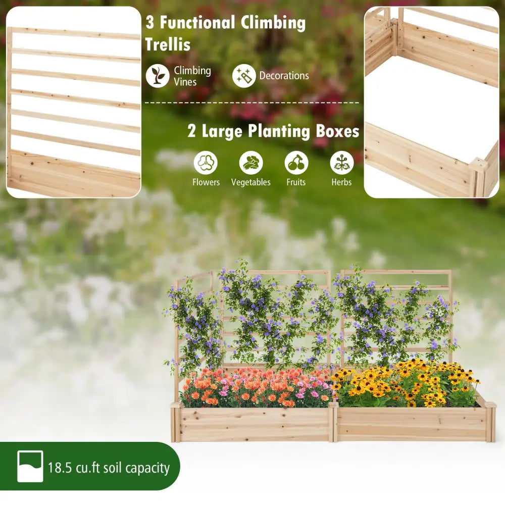 Raised Garden Bed with 2 Planter Boxes and 3 Trellis-Natural - Natural - Raised Garden Beds