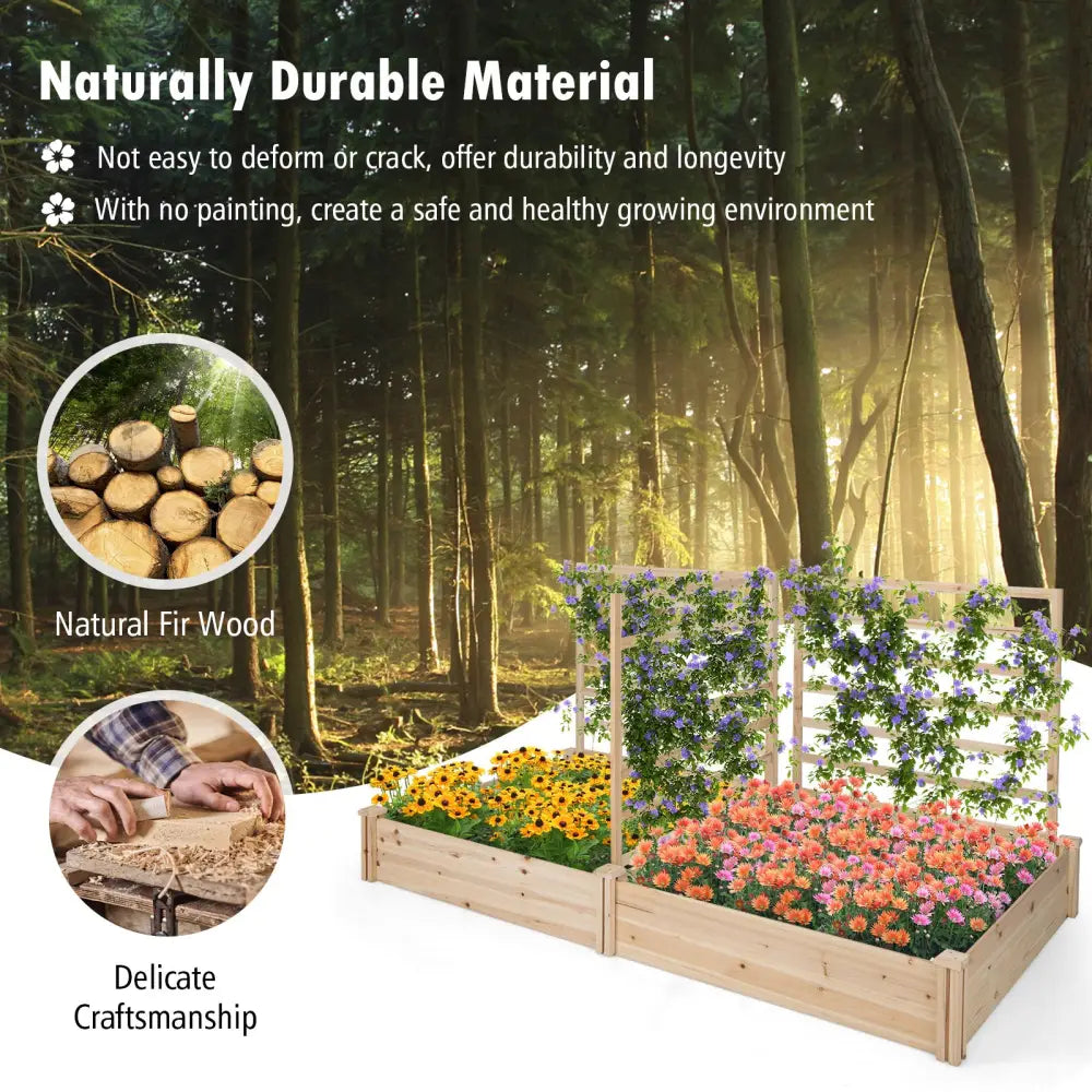 Raised Garden Bed with 2 Planter Boxes and 3 Trellis-Natural - Natural - Raised Garden Beds