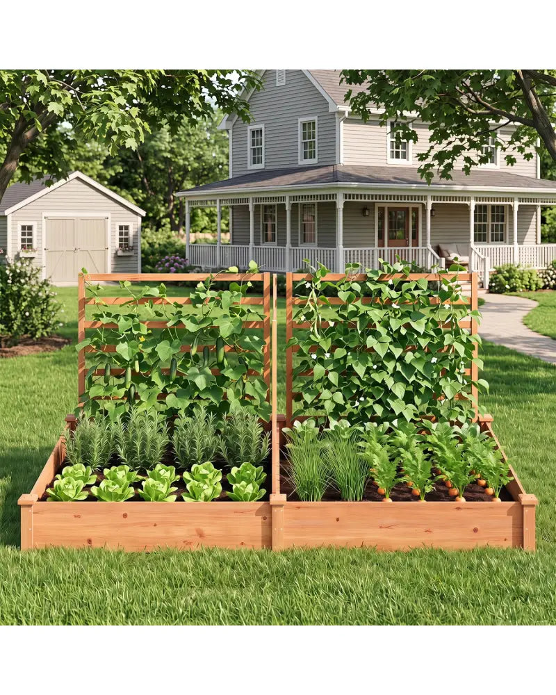 Raised Garden Bed with 2 Planter Boxes and 3 Trellis-Oak - Oak - Raised Garden Beds