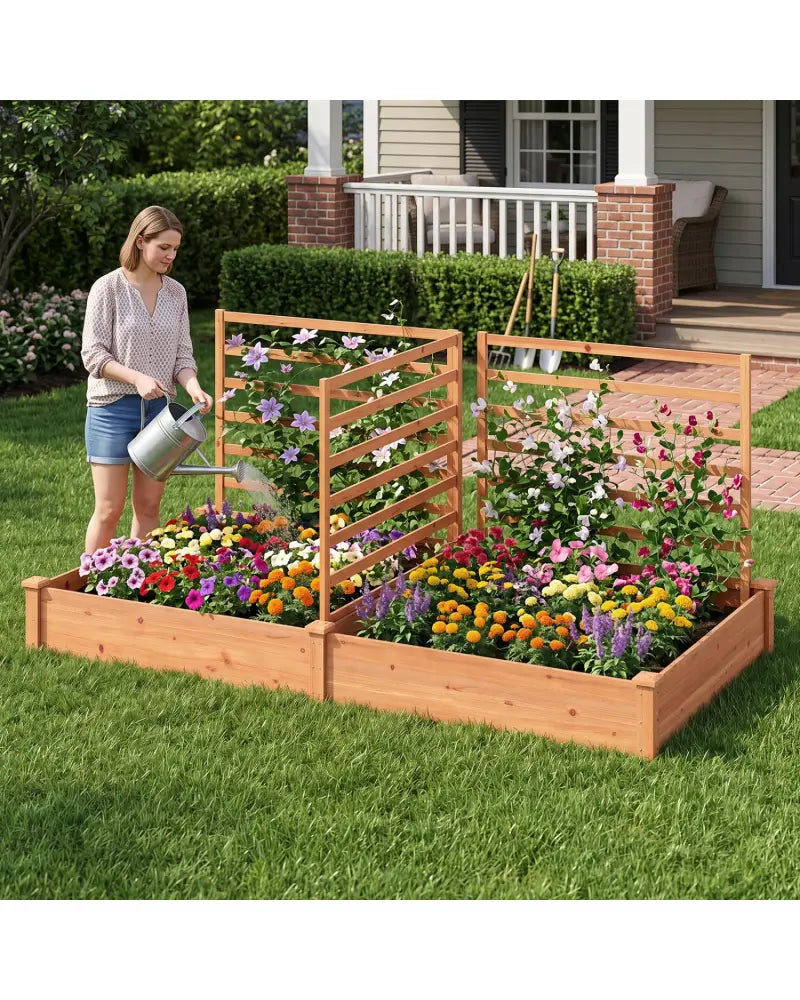 Raised Garden Bed with 2 Planter Boxes and 3 Trellis-Oak - Oak - Raised Garden Beds