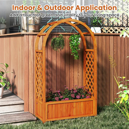 Raised Garden Bed with Lattice Trellis Ached Roof Wooden Elevated Planter Box-Brown - Brown - Raised Garden Beds