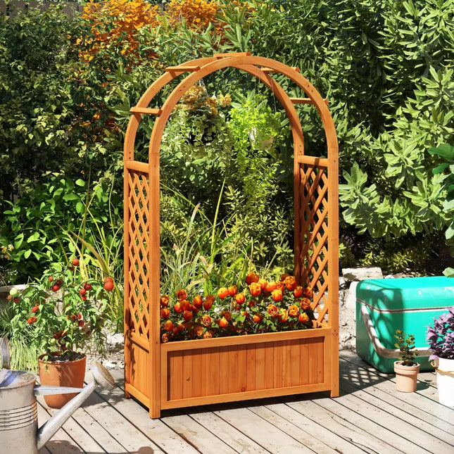 Raised Garden Bed with Lattice Trellis Ached Roof Wooden Elevated Planter Box-Brown - Brown - Raised Garden Beds
