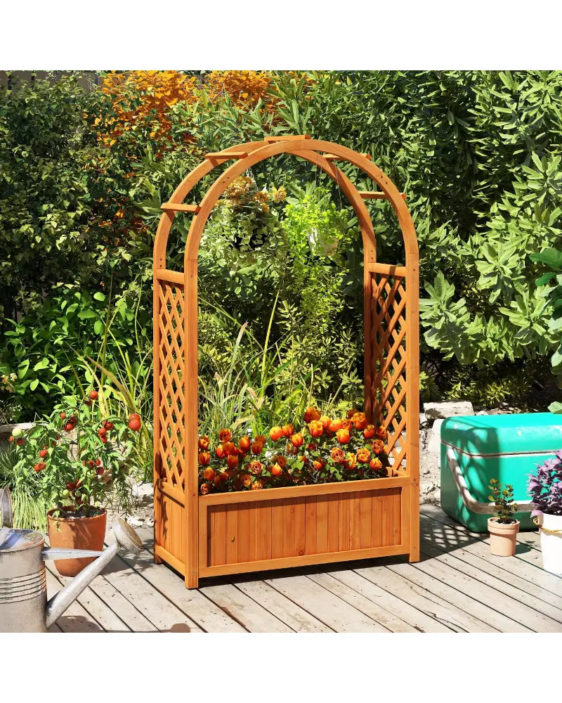 Raised Garden Bed with Lattice Trellis Ached Roof Wooden Elevated Planter Box-Brown - Brown - Raised Garden Beds