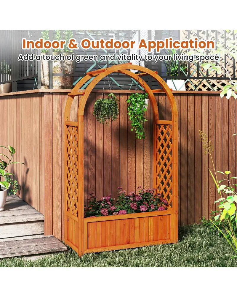 Raised Garden Bed with Lattice Trellis Ached Roof Wooden Elevated Planter Box-Brown - Brown - Raised Garden Beds