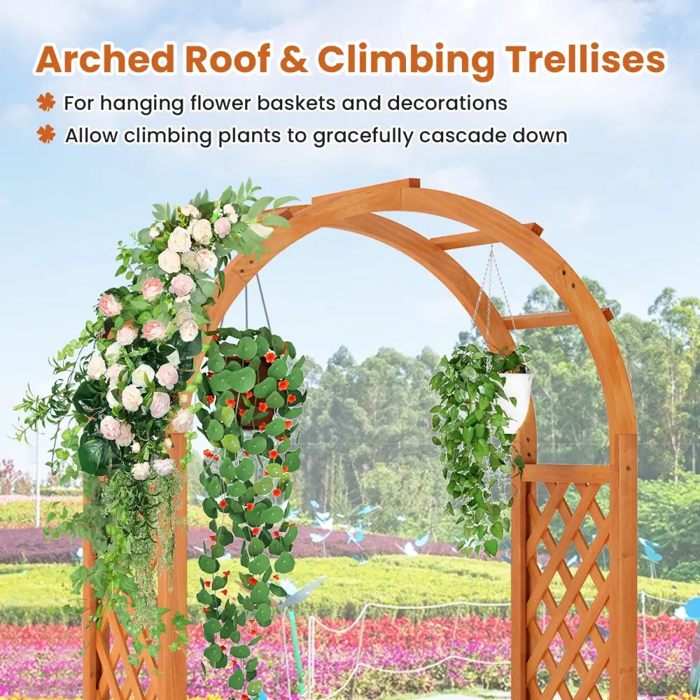 Raised Garden Bed with Lattice Trellis Ached Roof Wooden Elevated Planter Box-Brown - Brown - Raised Garden Beds