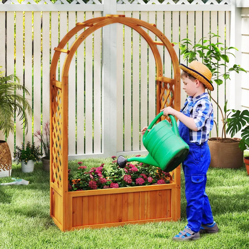 Raised Garden Bed with Lattice Trellis Ached Roof Wooden Elevated Planter Box-Brown - Brown - Raised Garden Beds