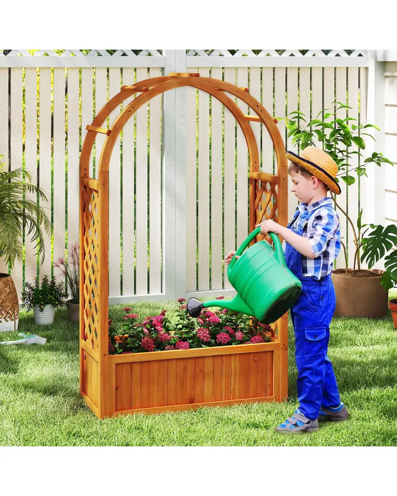 Raised Garden Bed with Lattice Trellis Ached Roof Wooden Elevated Planter Box-Brown - Brown - Raised Garden Beds