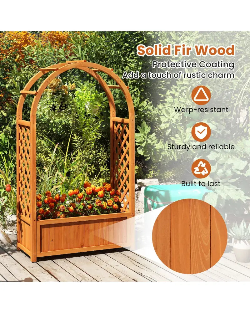 Raised Garden Bed with Lattice Trellis Ached Roof Wooden Elevated Planter Box-Brown - Brown - Raised Garden Beds