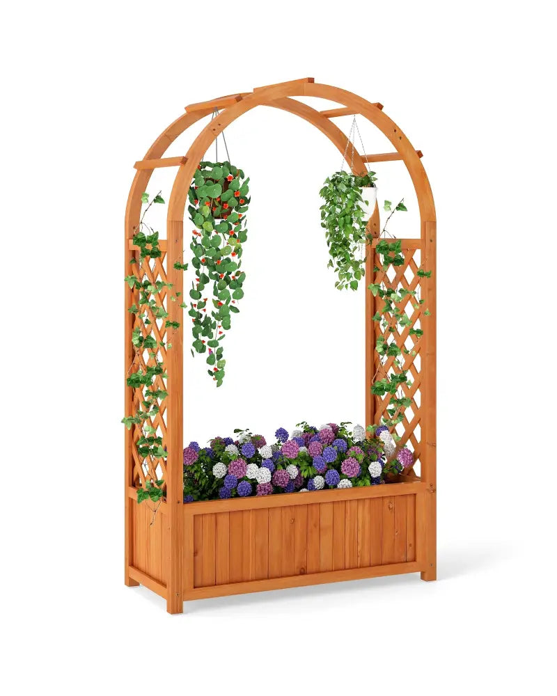 Raised Garden Bed with Lattice Trellis Ached Roof Wooden Elevated Planter Box-Brown - Brown - Raised Garden Beds