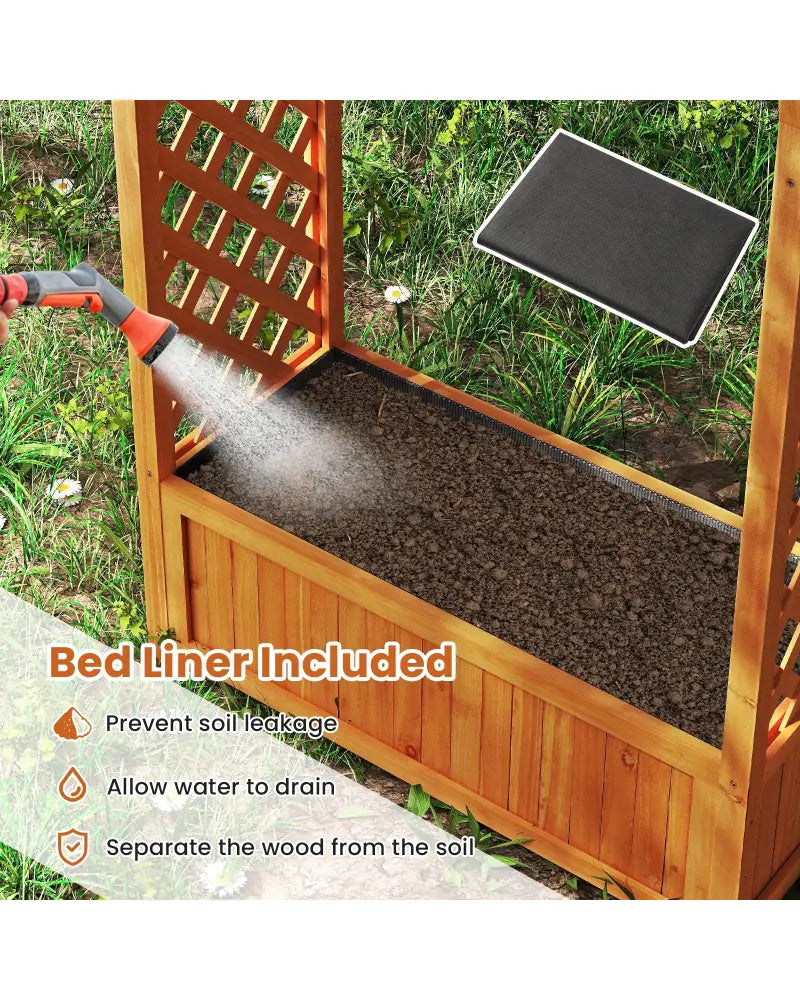 Raised Garden Bed with Lattice Trellis Ached Roof Wooden Elevated Planter Box-Brown - Brown - Raised Garden Beds