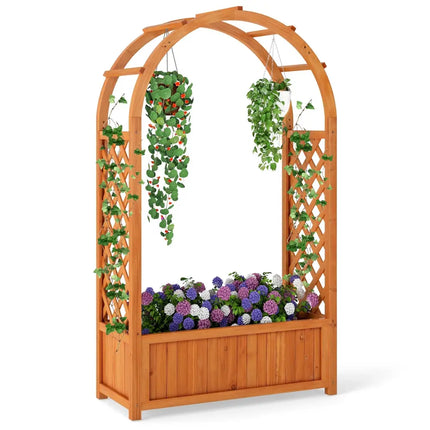 Raised Garden Bed with Lattice Trellis Ached Roof Wooden Elevated Planter Box-Brown - Brown - Raised Garden Beds