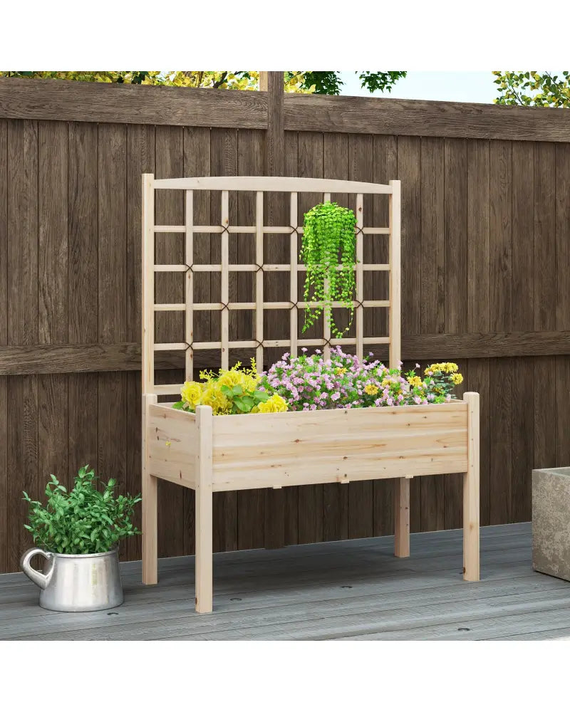 Raised Garden Bed with Lattice Trellis and Drainage Holes Elevated-Natural - Natural - Raised Garden Beds