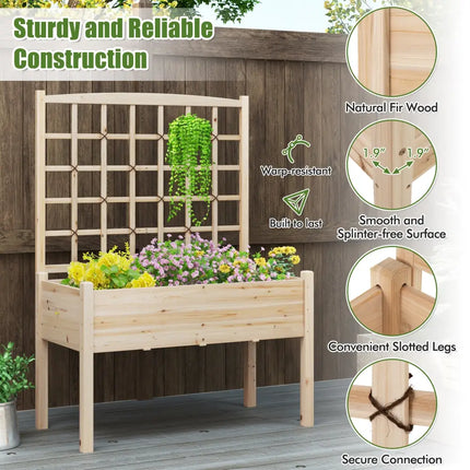 Raised Garden Bed with Lattice Trellis and Drainage Holes Elevated-Natural - Natural - Raised Garden Beds